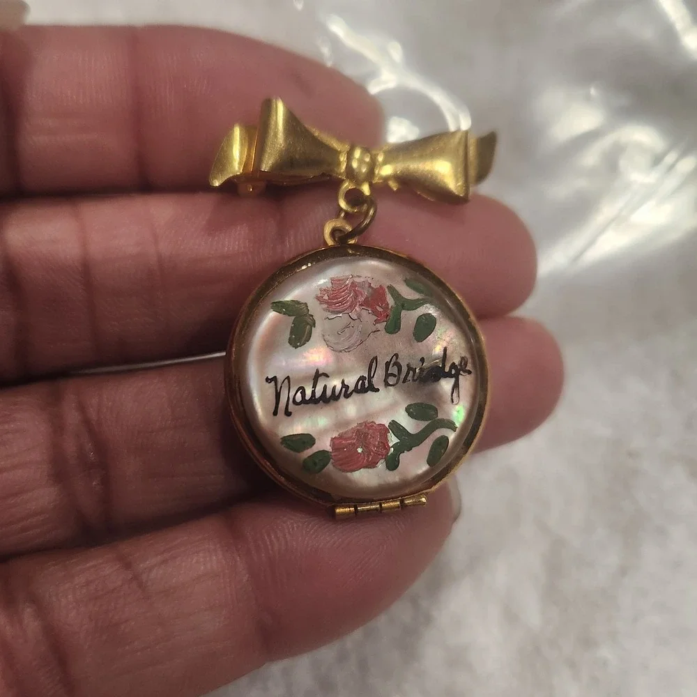 Vintage Natural Bridge Virginia Souvenir Locket Brooch Gold Tone Bow Rose Floral